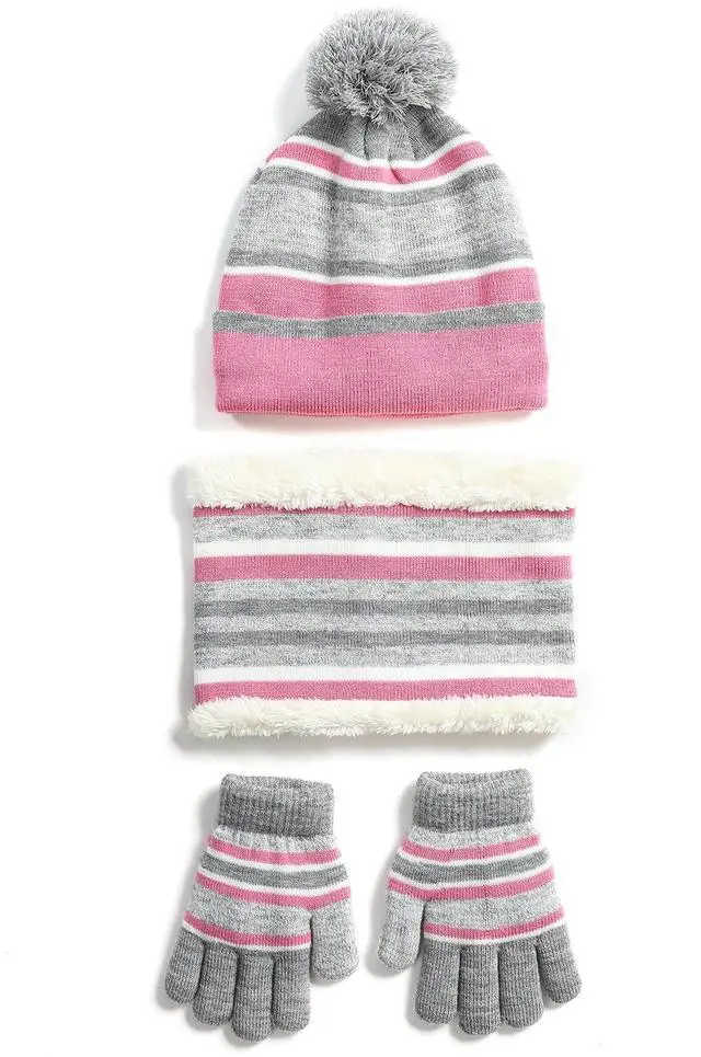 Main image of Fresh Fab Finds Kids Winter Hat, Scarf & Gloves Set 3Pcs Beanie Neck Warmer Mittens (47 Yrs) - Pink - One size