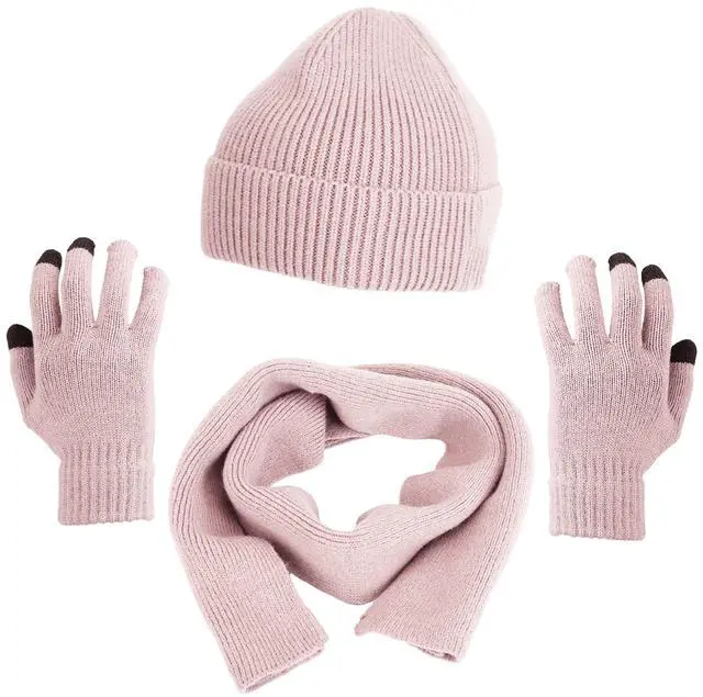Main image of Fresh Fab Finds 3-Piece Winter Hat, Scarf & Gloves Set with Beanie & Neck Warmer - Pink - One size