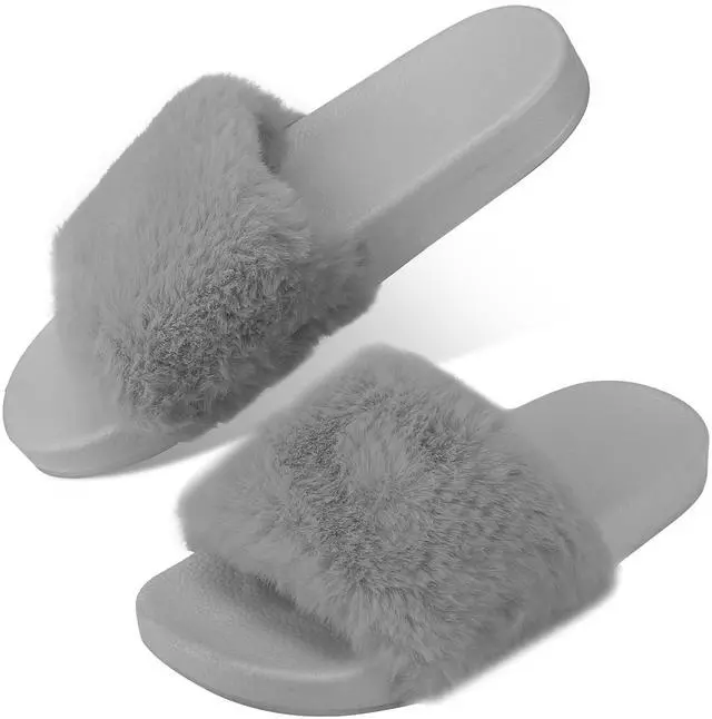 Main image of Fresh Fab Finds Womens Faux Fur Slippers Open Toe Anti-Skid Indoor/Outdoor Slides - Gray - 6