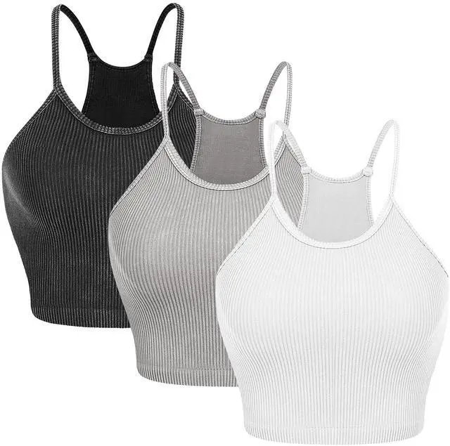 Main image of Fresh Fab Finds 3 Pack Women's Ribbed Knit Crop Tank Tops Sleeveless Round Neck Machine Wash - Multi - Large