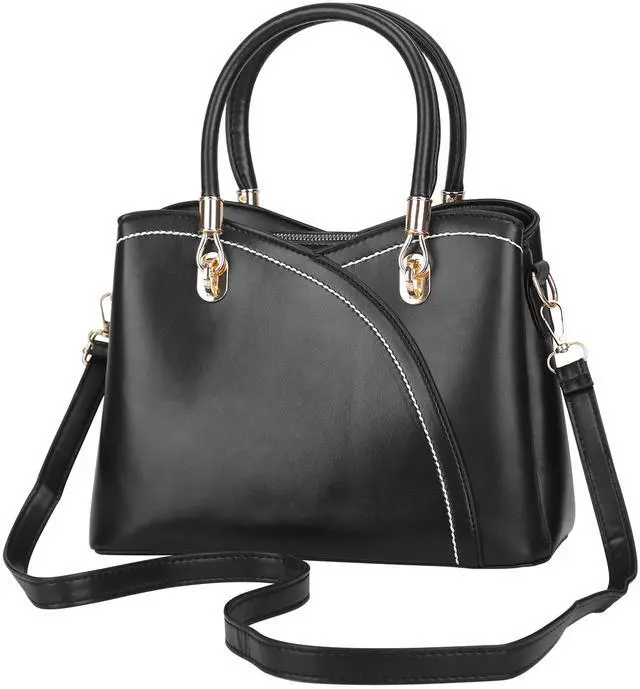 Main image of Fresh Fab Finds Womens Medium Leather Tote Satchel Crossbody Bag w/ Stitch Detail - Black - One size