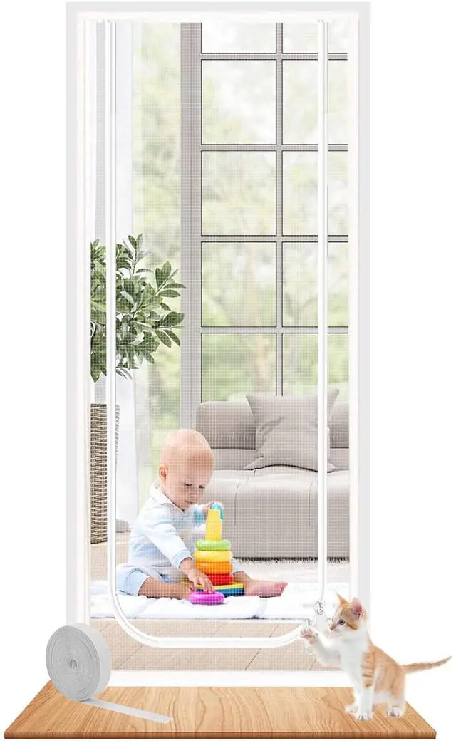 Main image of Fresh Fab Finds Mesh Door Screen 90x210cm Scratch-Proof Pet-Resistant w/ Zipper Closure - White - 90 x 210 cm