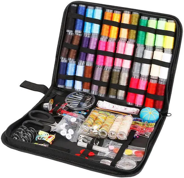 Main image of Fresh Fab Finds 206Pcs Travel Sewing Kit w/ Needles, Thread, Scissors, Thimble, Tape for All Skill Levels - Black - One size