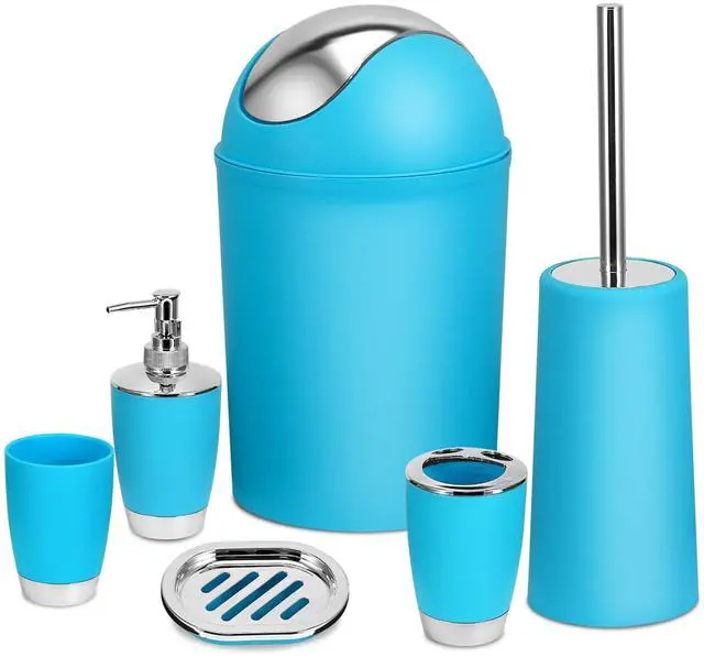 Main image of Fresh Fab Finds 6Pcs Bathroom Accessories Set w/ Trash Can - Blue - One size
