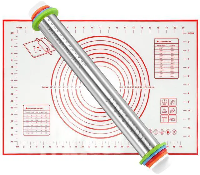 Main image of Fresh Fab Finds Stainless Steel Rolling Pin w/ Rings & Mat for Baking - Red - One size