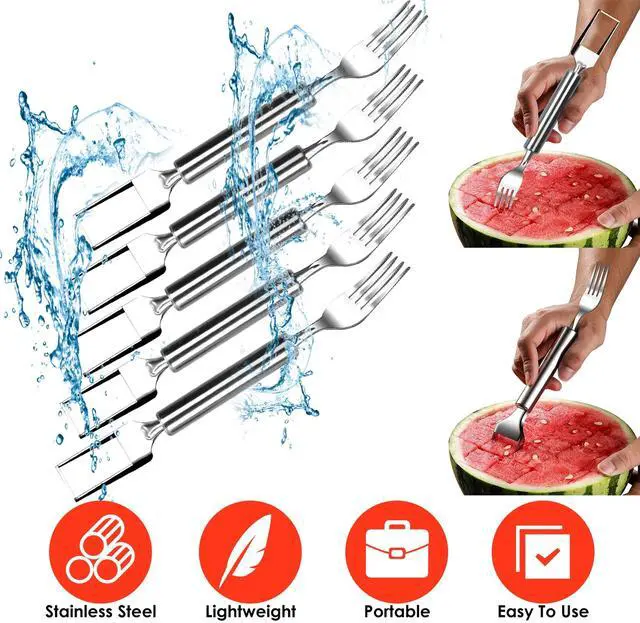 Main image of Fresh Fab Finds 5Pcs 2-in-1 Watermelon Cutter & Fork Set, Stainless Steel Dual Head Slicer - Gray - One size