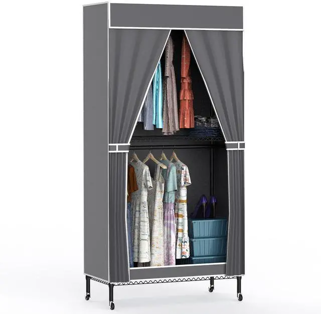 Main image of Fresh Fab Finds 2-Tier Portable Wardrobe Garment Rack w/ Wheels & Cover, 35.43x17.13x72.44in - Gray