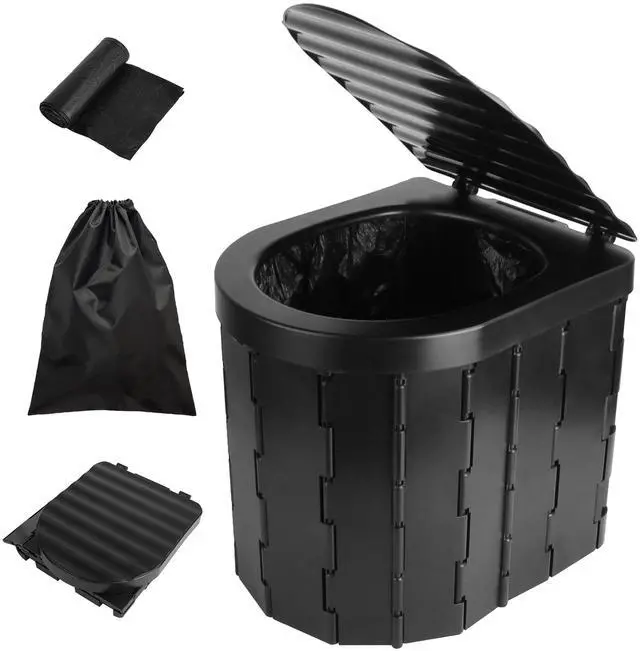Main image of Fresh Fab Finds Foldable Emergency Toilet w/ Lid, Carry Bag & Garbage Roll for Travel, Camping - Black - One size