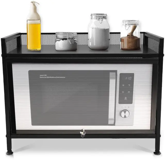 Main image of Fresh Fab Finds Carbon Steel Bakers Rack Kitchen Cabinet w/ Microwave Shelf, Doors & Net Panels - Black - One size