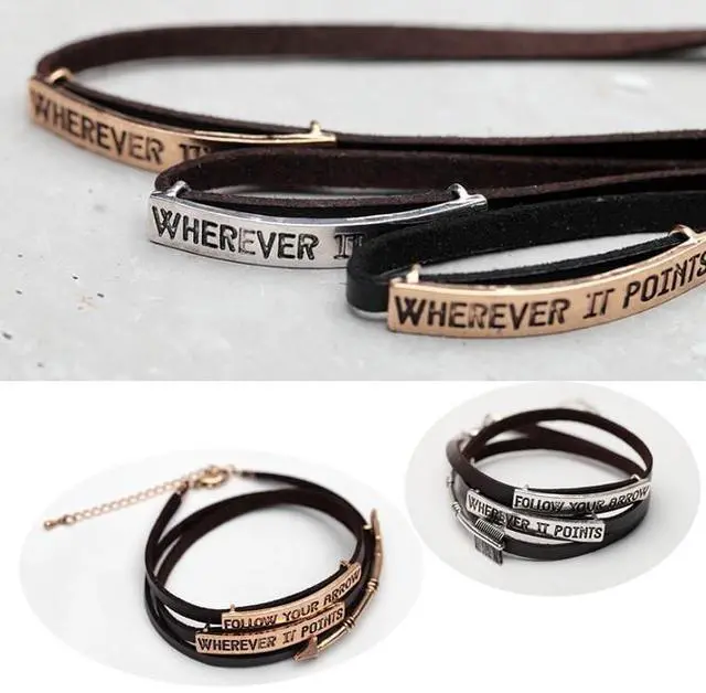 Main image of Vista Follow Your Arrow Genuine Leather Bracelet In Yellow And White Gold Plating - Silver