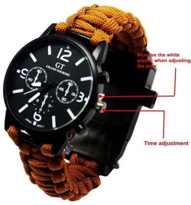 Main image of Vista Outdoor Multi function Camping Survival Watch Bracelet Tools With LED Light - Kahki