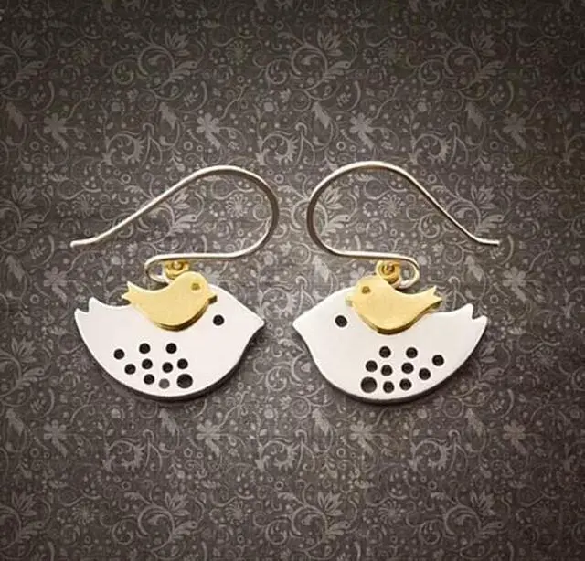 Main image of Vista SKY TRAVELERS EARRINGS Little Bird Learning To Fly From Mom Bird in 925 Sterling Silver hooks - Silver