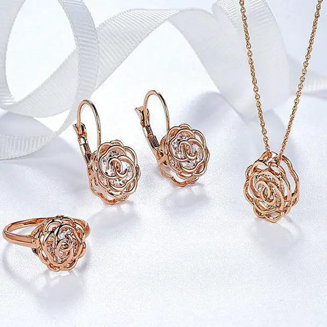 Main image of Vista Rose Is A Rose Set Of Ring; Earrings and Pendant With Chain In 18kt Rose Crystals In White Yellow And Rose Gold Plating - ROSE GOLD