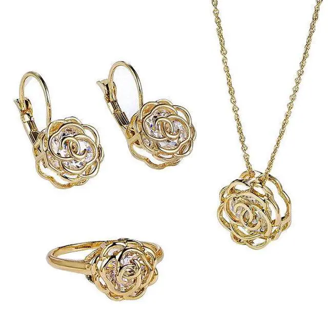 Main image of Vista Rose Is A Rose Set Of Ring; Earrings and Pendant With Chain In 18kt Rose Crystals In White Yellow And Rose Gold Plating - GOLD