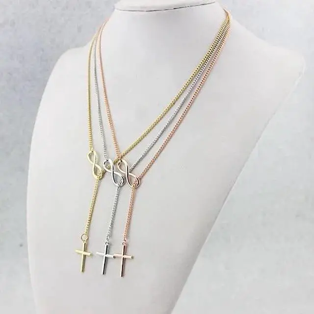 Main image of Vista Symbol Of Infinity And Holy Cross With Lariat Style Chain - Rose Gold