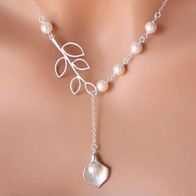 Main image of Vista Pearly Lily Lariat Necklace in Sterling Silver and Real Pearl - WHITE GOLD