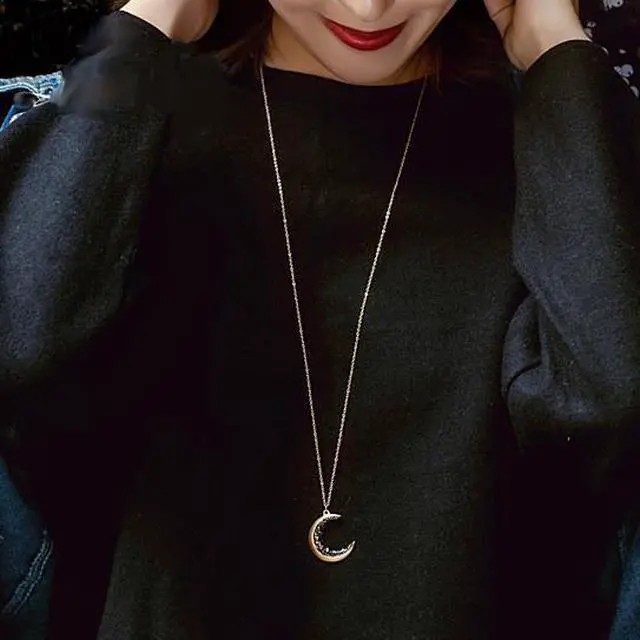 Main image of Vista Over The Moon Long Necklace With Crescent Moon Pendant - Black