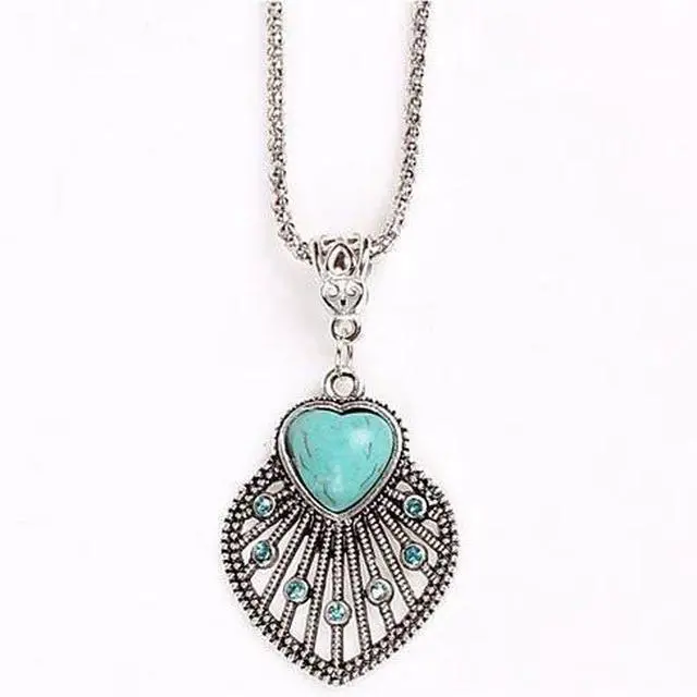 Main image of Vista Peacock Heart Turquoise Token Of Love Pendant And Antique silver style Necklace - Turquoise