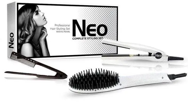 Main image of NEO Choice The Heated Brush Set - Heated Straightening Brush w/ 0.5" Mini Flat Iron & EZ Comb - White Pearl