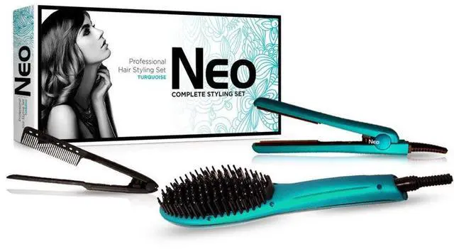Main image of NEO Choice The Heated Brush Set - Heated Straightening Brush w/ 0.5" Mini Flat Iron & EZ Comb - Turquoise