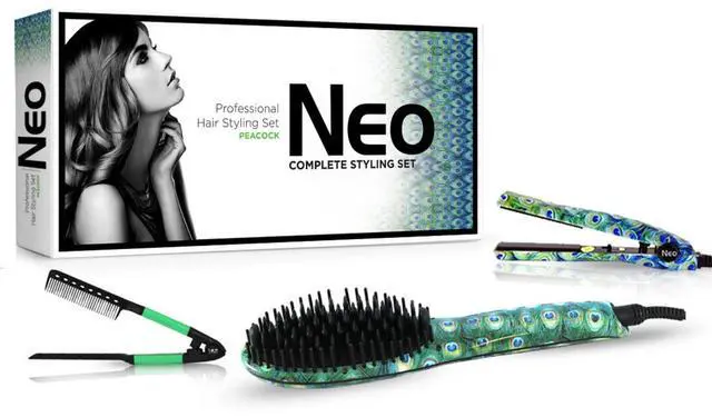 Main image of NEO Choice The Heated Brush Set - Heated Straightening Brush w/ 0.5" Mini Flat Iron & EZ Comb - Peacock