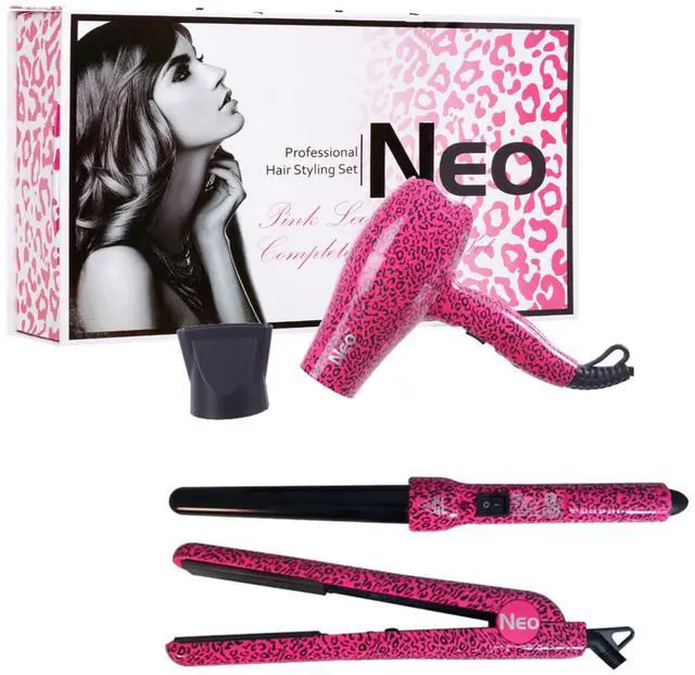 Main image of NEO Choice The Full Set - 1.25" Ceramic Flat Iron w/ 25-18mm Curling Wand & Mini Travel Hair Dryer - Pink Leopard