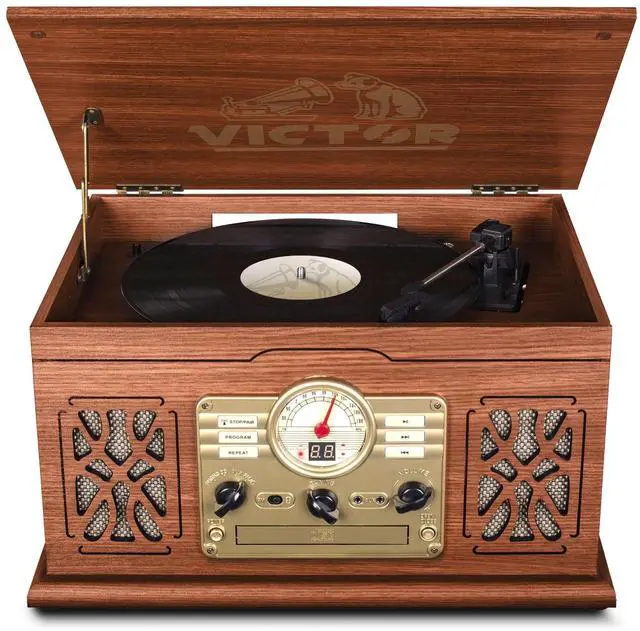 Main image of Victor State 7-in-1 Wood Music Center with 3-Speed Turntable & Dual Bluetooth - Mahogany