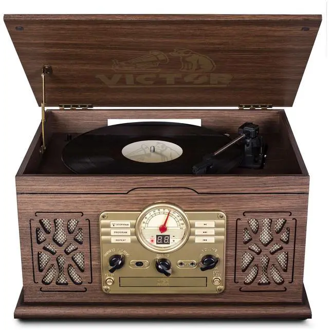 Main image of Victor State 7-in-1 Wood Music Center with 3-Speed Turntable & Dual Bluetooth - Espresso