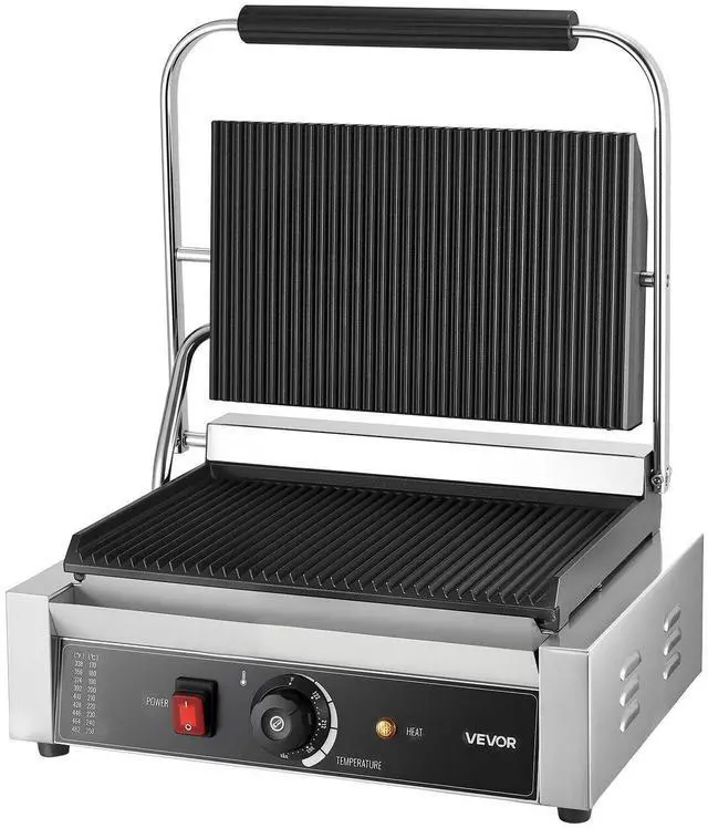 Alt view image 8 of 8 - Commercial Panini Grill, 1800W Electric Sandwich Panini Maker, Stainless Steel Sandwichs Press with Handle and Temp Control, 13.5x9.3 in Full Grooved Enamel Plate, for Hamburger Steak Bacon