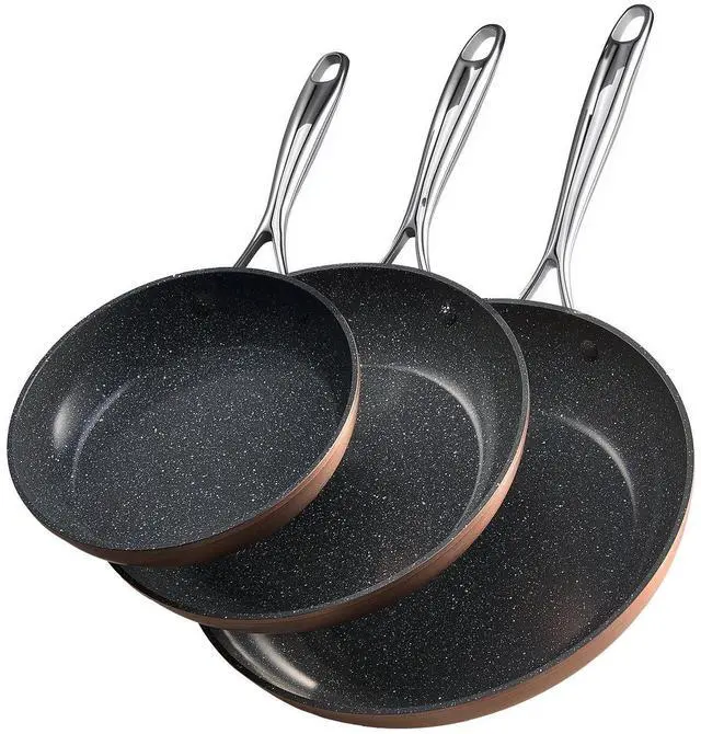 Alt view image 9 of 9 - VEVOR 3 Piece Frying Pan Aluminum Skillet Set 8 10 12 in Handle Pre-Seasoned Grey