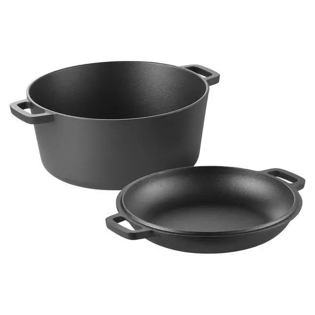 Alt view image 9 of 9 - Cast Iron Dutch Oven 2-in-1 Pre-Seasoned Double Pot with Lid Handles 5 Qt Black