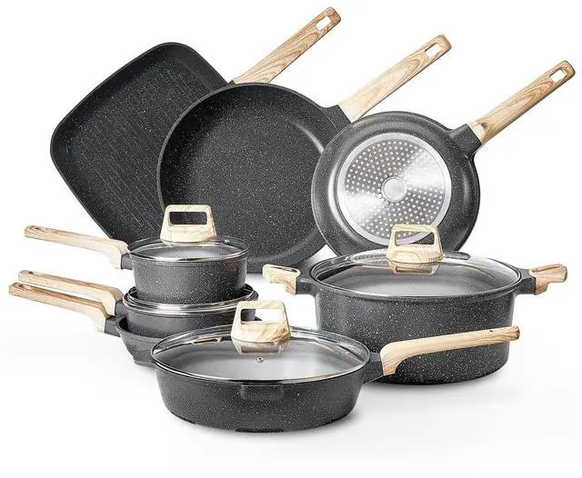 Alt view image 8 of 8 - 19 Piece Pots and Pans Set, Granite Nonstick Cookware Set, Induction Cookwares, Kitchen RV Cooking Sets with Frying, Sauce, Saute, Tempered Glass Lids, and Pan Protectors, Black