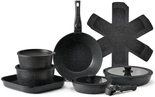 Alt view image 15 of 15 - 17 Piece Pots and Pans Set, Granite Nonstick Detachable Handle Cookware, Space Saving Induction Cookwares, Kitchen RV Cooking Sets with Frying, Sauce, Saute, Tempered Glass Lid, Oven Safe, Black