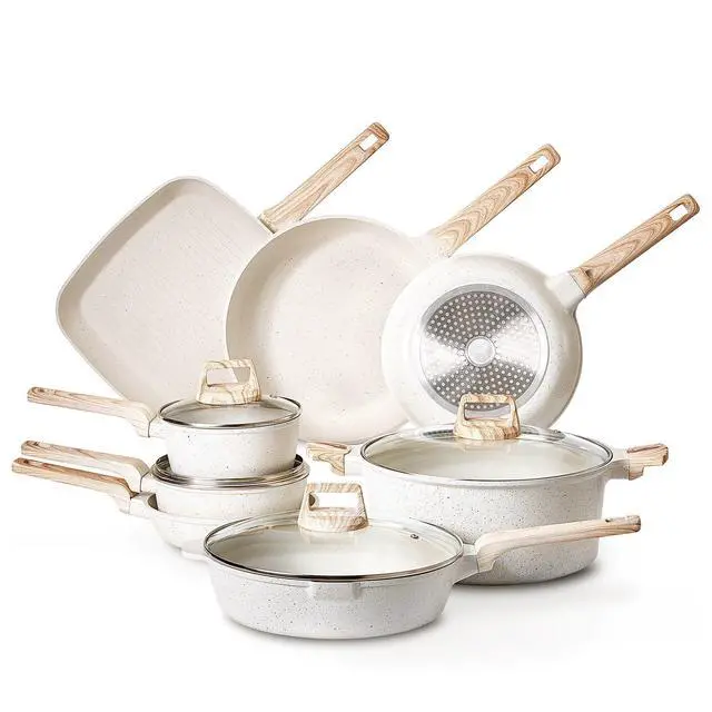 Alt view image 8 of 8 - 19 Piece Pots and Pans Set Nonstick, Granite Cookware Set, Induction Cookwares, Kitchen RV Cooking Sets with Frying, Sauce, Saute, Tempered Glass Lids, and Pan Protectors, White