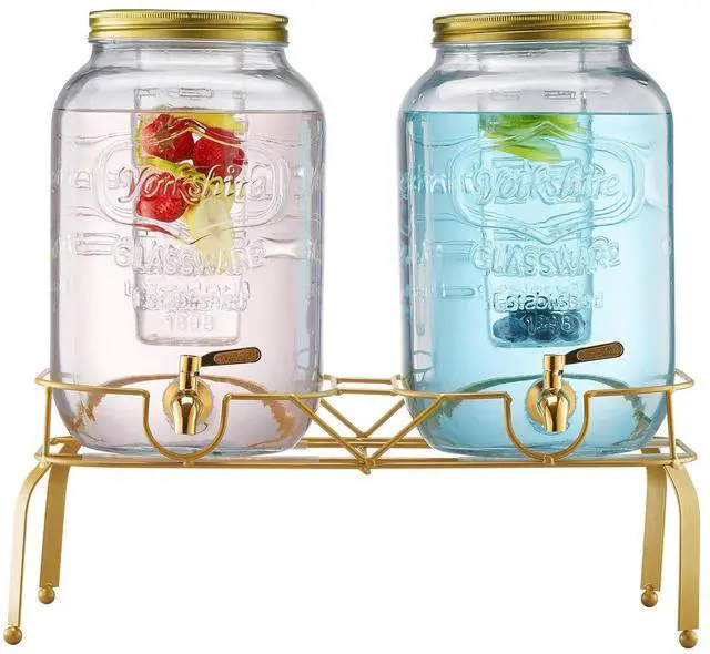 Alt view image 8 of 8 - Beverage Dispenser, 2 Pack 2 Gallon Drink Dispensers for Parties, Glass Juice Dispenser with Metal Stand, Stainless Steel Spigot, Infuser, Iced Tea Lemonade Juice Water Dispensers for Parties