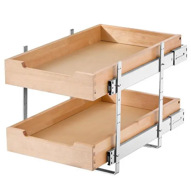 Alt view image 9 of 9 - 2 Tier Pull Out Cabinet Organizer, 14"W x 21"D Cabinet Drawer, Soft Close Slide out Shelf, Heavy-Duty Sliding Wood Drawer, Adjustable Base Cabinet Organization for Kitchen Pantry Bathroom