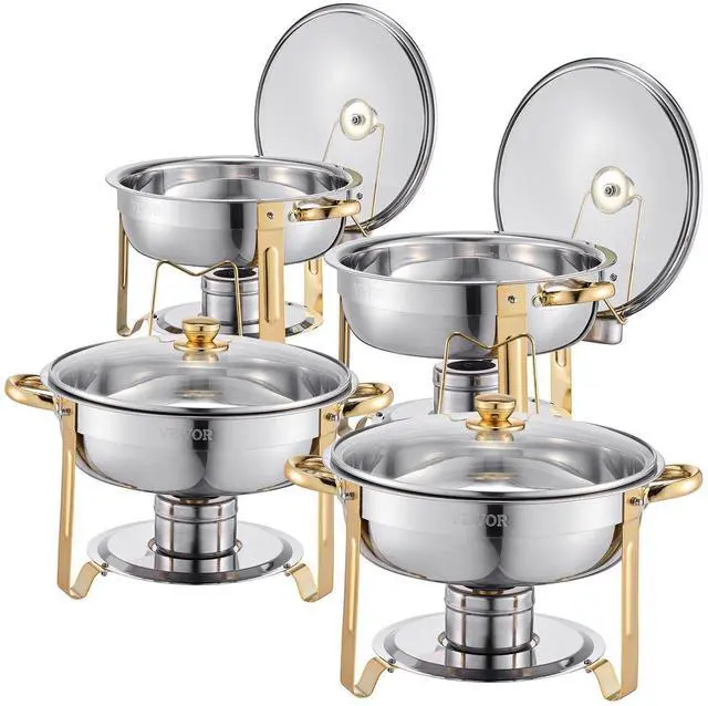 Alt view image 8 of 8 - VEVOR 5 Qt 4 Pack Round Chafing Dish Buffet Set Full-Size Pan Stainless Steel Gold