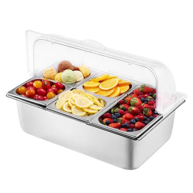 Alt view image 10 of 10 - VEVOR Countertop Food Serving Display Container 5 Pan Condiment Dispenser with Lid