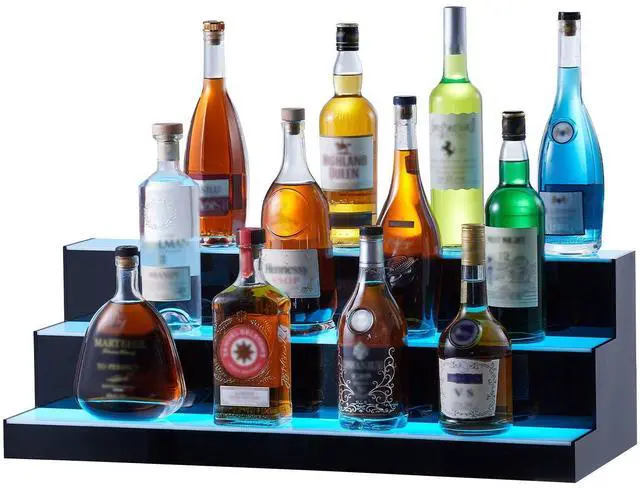 Alt view image 16 of 16 - LED Lighted Liquor Bottle Display, 3 Tiers 30 Inch Commercial Illuminated Home Bar Shelf, 3 Steps Whiskey Rack Stand, Acrylic Drink Shelves with RF Remote & App Control, and Multicolor lighting