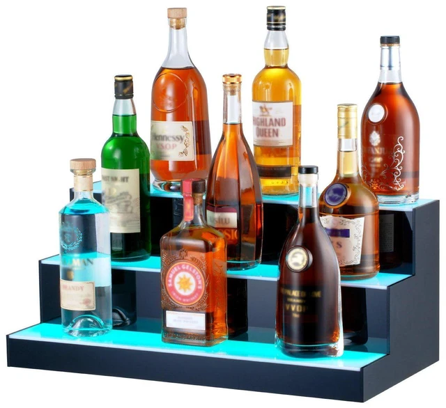 Alt view image 10 of 10 - LED Lighted Liquor Bottle Display, 3 Tiers 24 Inch Commercial Illuminated Home Bar Shelf, 3 Steps Whiskey Rack Stand, Acrylic Drink Shelves with RF Remote & App Control, and Multicolor lighting