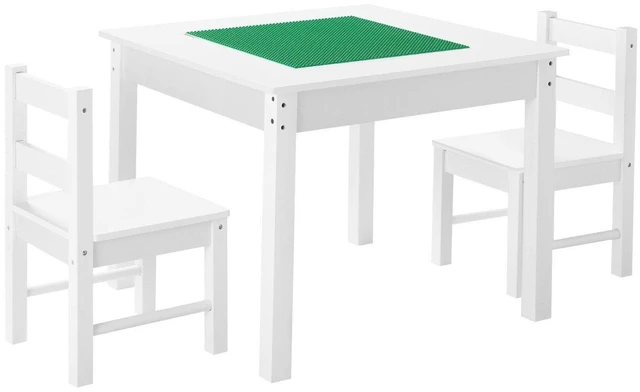 Alt view image 9 of 9 - Kids Activity Table and 2 Chairs Set, Building Blocks Double-Sided Tabletop, Toddler Table and Chair Set with Storage for Kids 3+ Years, Large Storage Space, Present for Boys & Girls, White