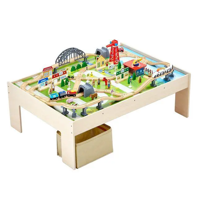 Alt view image 15 of 15 - Train Table 120 Pieces Wooden Kids Activity Table with Collapsible Storage Bin