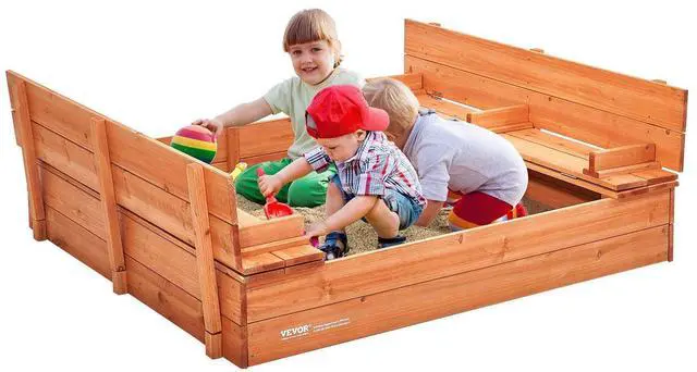 Alt view image 8 of 8 - Wooden Sandbox, 52.4 x 47.2 x 16.9 in Sand Box, Sand Pit with Foldable Bench Seats and Bottom Liner, Natural Wood Kids Sandbox for Outdoor Backyard, Beach, Park, Gift for Boys Girls Ages 3-12