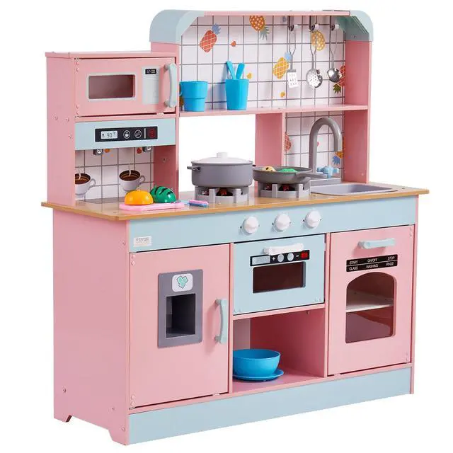 Alt view image 8 of 8 - Play Kitchen for Kids, Wooden Toy Kitchen Set with Lights and Sounds, Toddler Kitchen with Ice Maker, Oven, Sink, Microwaves, Fridge and Utensil and Fruit Accessory for Toddlers, Pink