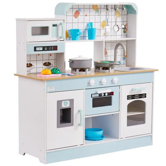 Alt view image 15 of 15 - Play Kitchen for Kids, Wooden Toy Kitchen Set with Lights and Sounds, Toddler Kitchen with Ice Maker, Oven, Sink, Microwaves, Fridge and Utensil and Fruit Accessory for Toddlers, White