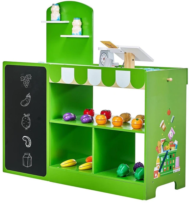 Alt view image 9 of 9 - Kids Grocery Store Playset, Wooden Play Market Stand with Shopping Bag, Kids Supermarket Pretend Play Store with Conveyor Belt, Scanner, Cash Register, Realistic Scale, Gift for Boys & Girls