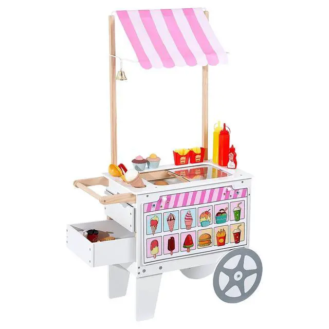Alt view image 15 of 15 - Ice Cream Cart for Kids, 20+ PCS Accessories, Pretend Play Ice Cream Shop Kitchen Food Toys with Ice Cream Cone & Popsicle, Awning & Freezer, Storage Drawers & Flipping Menus, For Kids Aged 3-7