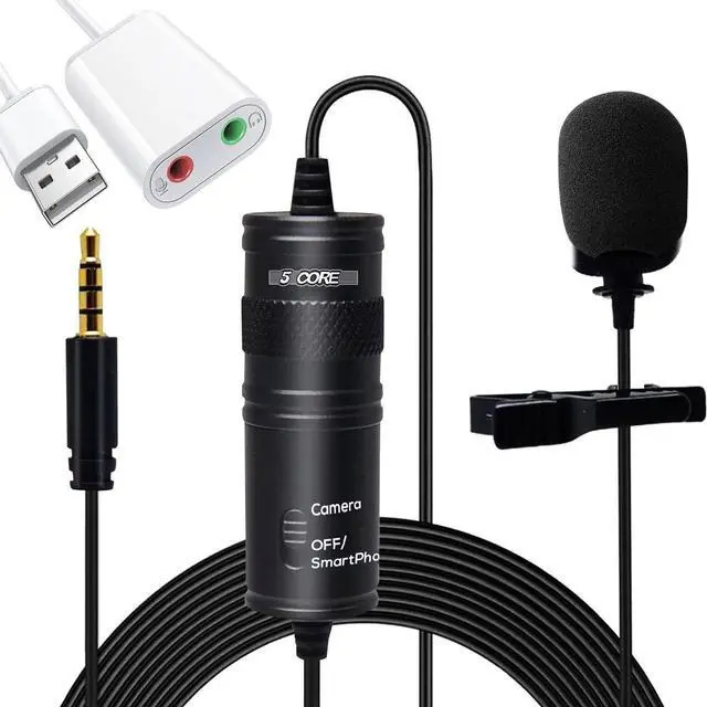 Main image of 5 Core CM 001 ADP Omnidirectional Lavalier Microphone, 3.5mm Clip-On Lapel Mic for Smartphone, DSLR, PC, Camera & Audio Recorder, Black