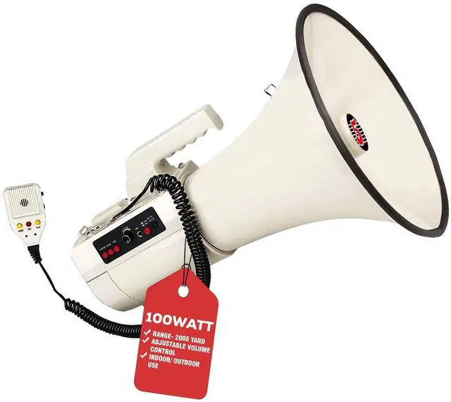 Main image of 5 Core Megaphone 100W Bull Horn Professional PA Speaker with 2000 Yards Range Loud Siren Voice Amp - White