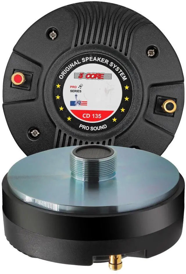 Main image of 5 Core Compression Driver 300W RMS 8 Ohm Titanium Horn Throat Tweeter Speaker 18 Tpi Threading - Black